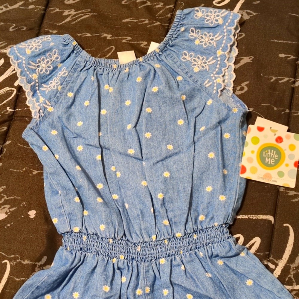 Little Me Chambray Elastic Waist Embroidery Shoulders Bottom Hem Romper 4T